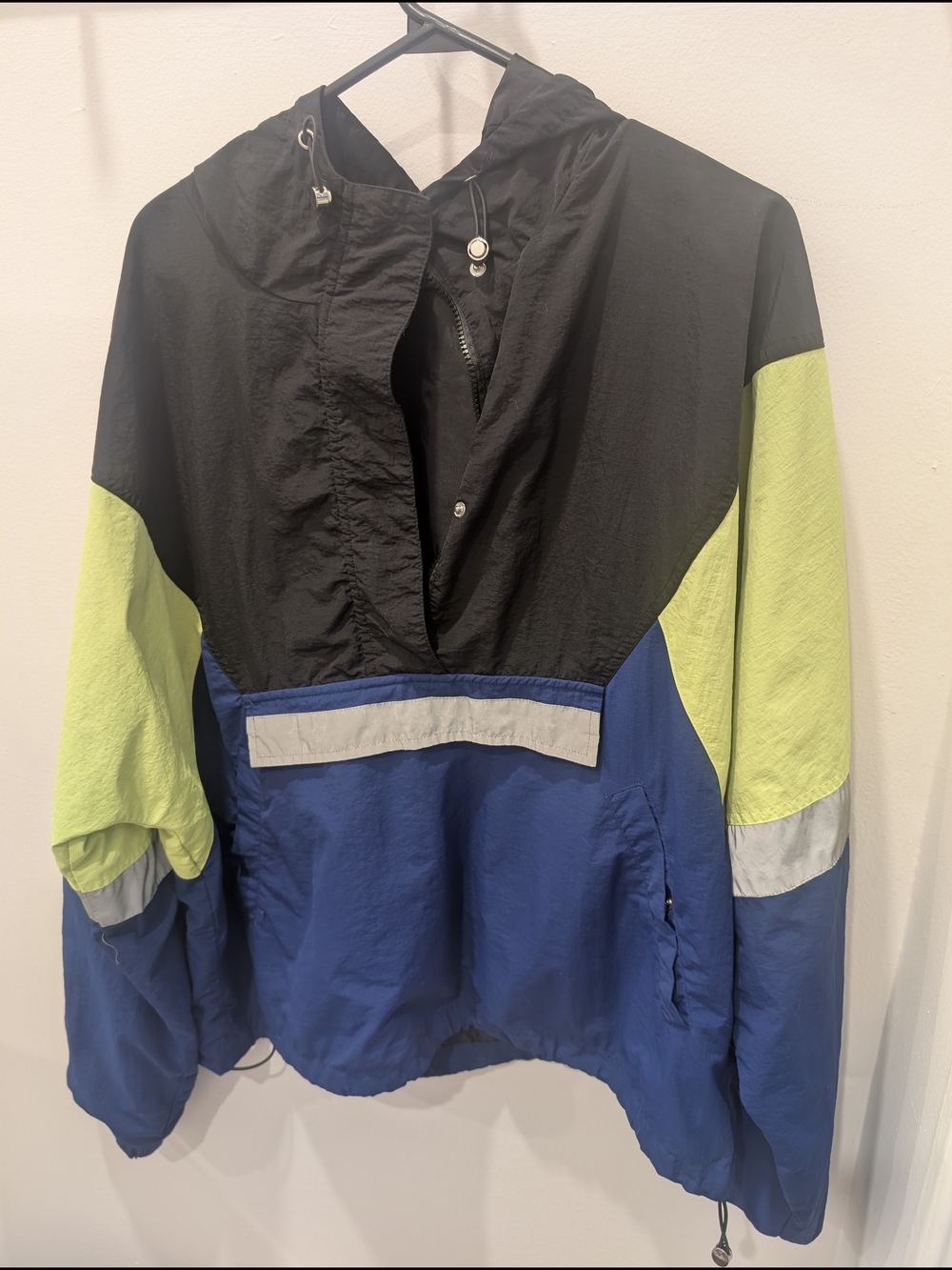 Colorblock Hooded Rain Pullover Jacket - Black, Blue & Lime